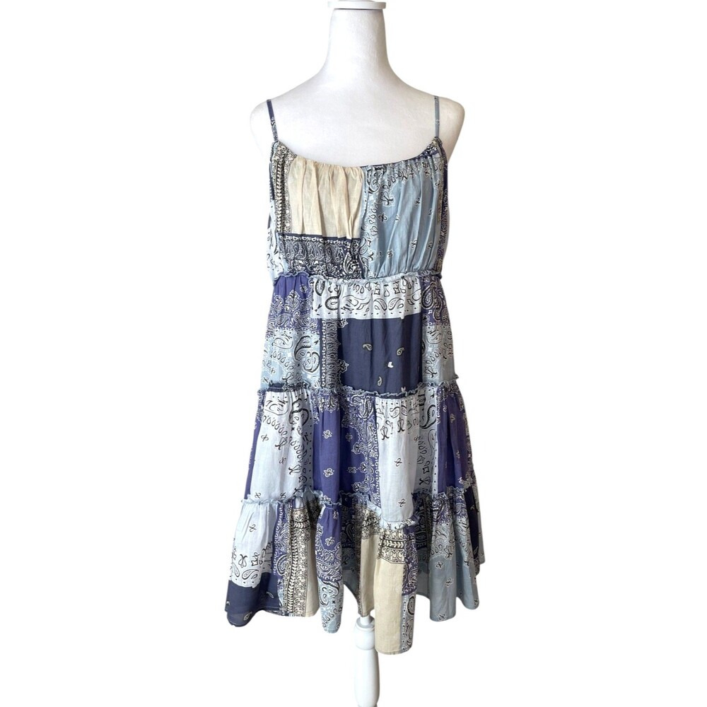 Lucky Brand Babydoll Tiered Dress Sz L Boho Festival Y2K Blue Patchwork Cotton - Picture 2 of 16